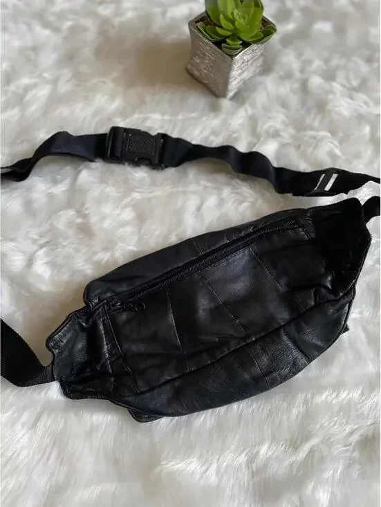 Black Leather Waist Bag with Multiple Zipper Pockets - Picture 3 of 5